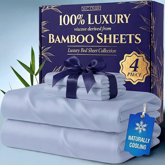 DECOLURE 100% Viscose Derived from Bamboo Sheets King Size - Luxury 4 Pc Naturally Cooling Sheets, Ultra Soft Bed Set - Deep 17" Pockets, Durable Double Stitching, Oeko Tex Standard (Light Blue)
