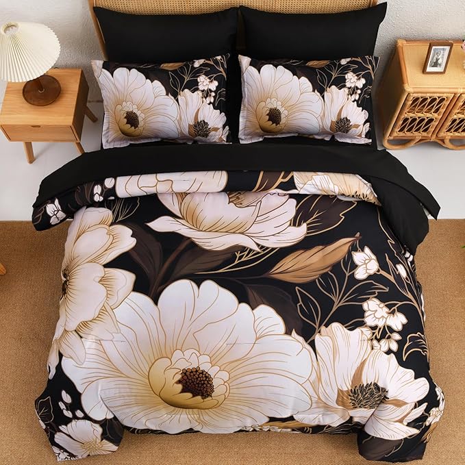 Xruibed Black Glod Floral Comforter Set King Size 7 Pieces Bed in a Bag Flower Bedding Sets Lightweight Boho Bed Set with Sheet,Pillowcases&Shams for All Season