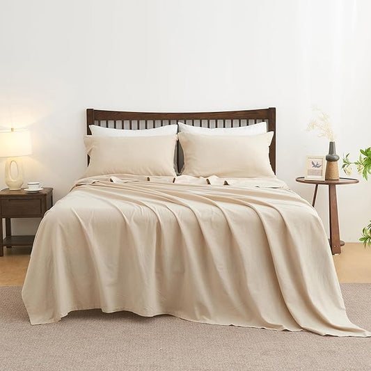 Simple&Opulence Belgian Linen Sheet Set Solid Color - 4 Pieces (1 Flat Sheet, 1 Fitted Sheet & 2 Pillowcases) Natural Flax Cotton Blend Soft Breathable Farmhouse Bedding - Full Size, Linen/Beige