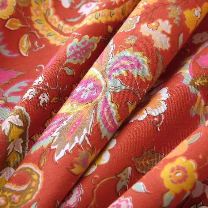 ABREEZE Paisley Bedding Sets 3Pcs Brushed Cotton Duvet Cover Set Queen Size Rustic Damask Red Floral Comforter Cover with Zipper Closure Boho Bedding Collections