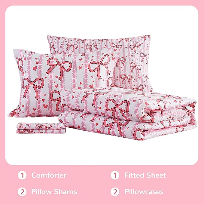 Viviland Kids Full Bedding Sets for Girls, Soft Full Comforter Set with Sheets, 7 Pieces Microfiber Bed in a Bag, Pink Bow