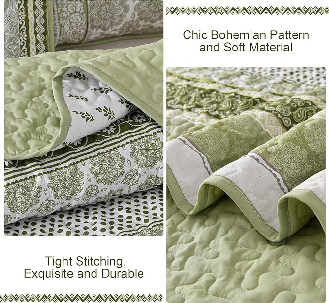 WONGS BEDDING Boho Quilt Set Queen Size, Sage Green Bohemian 3 Pieces Quilt Sets, Lightweight Bedspread Coverlet Bedding Set for All Season (96"x90")