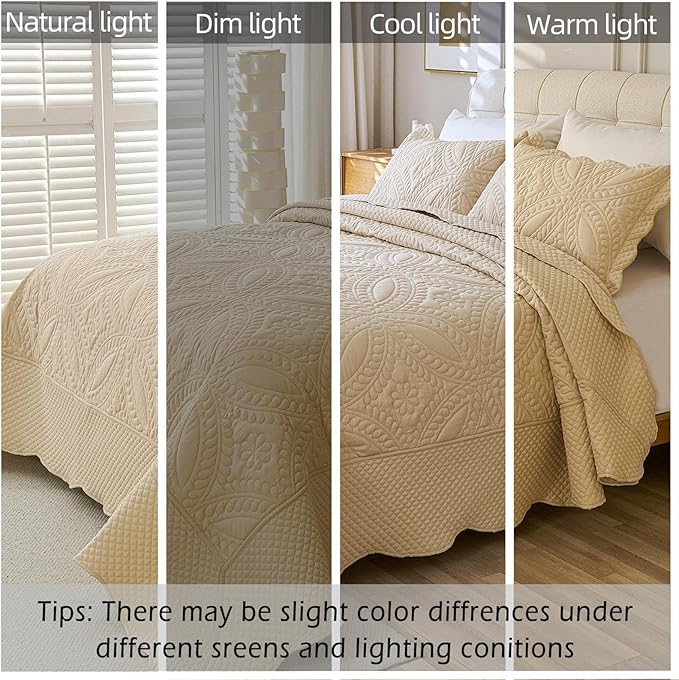 Cmfshape King Bedspread 106"x96",3 Piece King Quilt with 2 Shams,Lightweight Beige Quilt Set for All Season,Modern Coin Pattern Bedding Set(1 Quilt,2 Pillowshams)