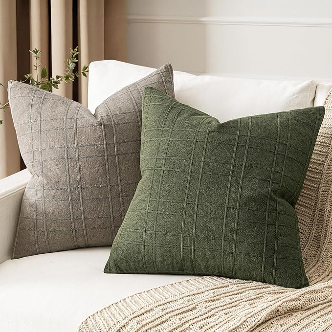 MIULEE Decorative Linen Check Euro Shams Throw Pillow Covers Neutral Farmhouse Vintage Spring Pillow Covers 28x28 Set of 2 Boho Modern Home Decor for Sofa Couch Bedroom Cushion Dark Olive Green