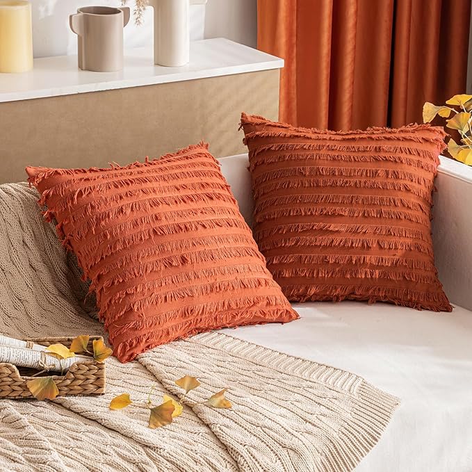 MIULEE Set of 2 Fall Decorative Boho Throw Pillow Covers Linen Striped Jacquard Pattern Cushion Covers for Sofa Couch Living Room Bedroom 18x18 Inch Rust