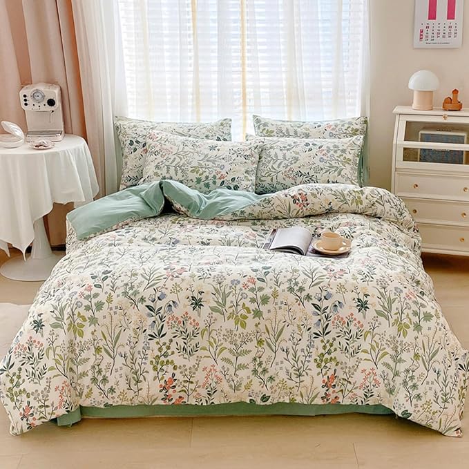 Lightweight Queen Duvet Cover Set Green Pink Floral Bedding Sets Queen Flower Branches Duvet Cover Set Aesthetic Boho Chic Premium Cotton Comforter Cover Set Girl 3 Pieces Queen Duvet Cover Set