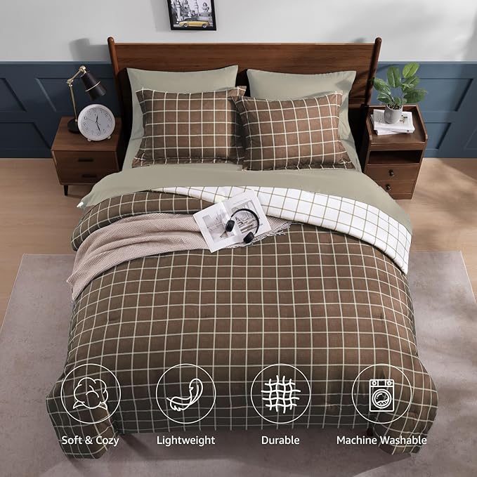 Plaid Twin XL Comforter Set Brown, Reversible Checkered Bedding Set 5 Pieces for Boys Girls Teen, Lightweight Bed in a Bag for Dorm with Sheets, Pillowcase & Sham