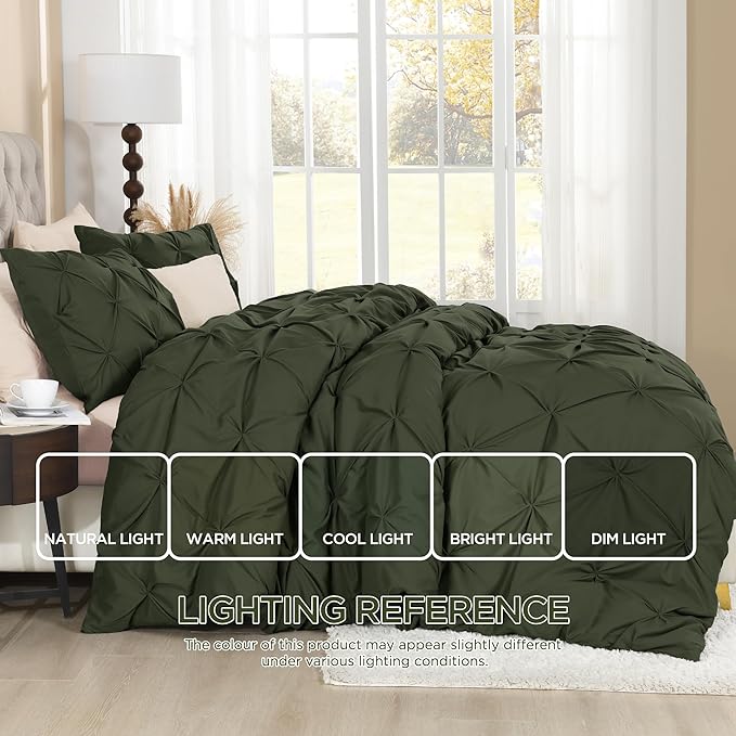Litanika Olive Green Pinch Pleat Duvet Cover King, 3 Pieces Pintuck Soft Microfiber Bedding Set with Zipper Closure & Corner Ties(104x90Inch-1 Duvet Cover, 2 Pillowcases)
