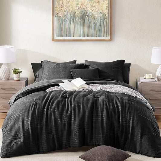 MaiRêve Full Size Comforter Sets Black, Textured Design Crinkle Bedding Sets 7 Pieces, All Season Bed in A Bag with Comforter, Sheets, Pillowcases & Shams