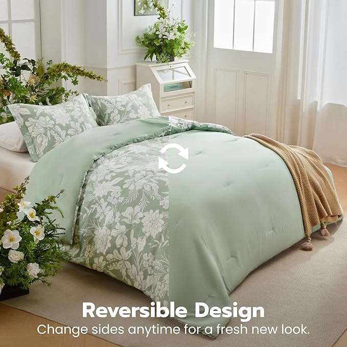 Joiedomi Twin Comforter Set Sage Green, 2 Pieces Floral Twin Bedding Set with 1 Soft Reversible Botanical Flower Comforter and 1 Pillow Sham, Bed in a Bag for All Seasons