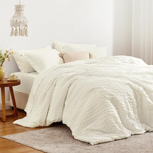 Love's cabin Seersucker Ivory Full Comforter Set, 7-Piece All Season Lightweight Bed in a Bag Bedding Set with Comforter, Flat Sheet, Fitted Sheet, Pillowcases and Shams | Soft, Breathable, Lightweight