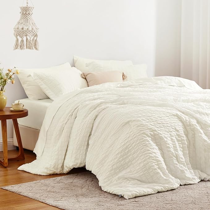 Love's cabin Seersucker Ivory King Size Comforter Set, 7-Piece All Season Lightweight Bed in a Bag Bedding Set with Comforter, Flat Sheet, Fitted Sheet, Pillowcases and Shams | Soft, Breathable, Lightweight