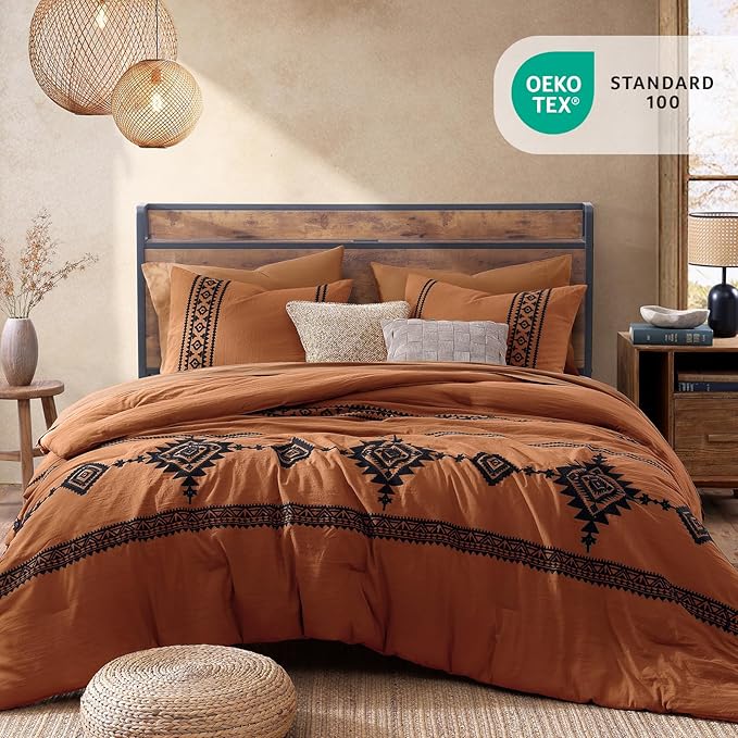 MaiRêve Burnt Orange Embroidery Comforter Sets Full Size - 7 Pieces, Farmhouse Western Boho Comforter Set, All Season Bed in A Bag Full Size with Sheets, Pillowcases & Shams