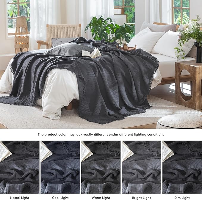 MooMee Muslin Blanket - 100% Cotton 4-Layer Gauze Throw Blanket with All-Around Fringe, Ultra-Soft Breathable Lightweight Cooling Decorative for Bed, Sofa & Couch (Dark Grey, Queen 90" x 90")