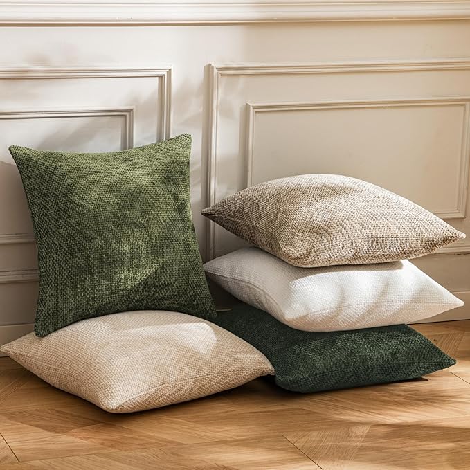 a moment Olive Green Chenille Throw Pillow Covers 16x16 Inch Pack of 2 Modern Decorative Throw Pillow Covers Farmhouse Cross Covers Home Decor for Sofa Bedroom Living Room