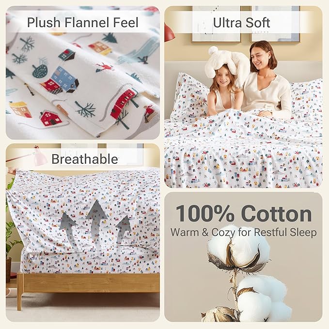Sleep Philosophy True North 100% Cotton Flannel Sheets Twin Size, Cozy Flannel Sheet Set Brushed for Extra Softness, Heavyweight Novelty Print Warm Flannel Bedding Set, White Village Print 3 Piece