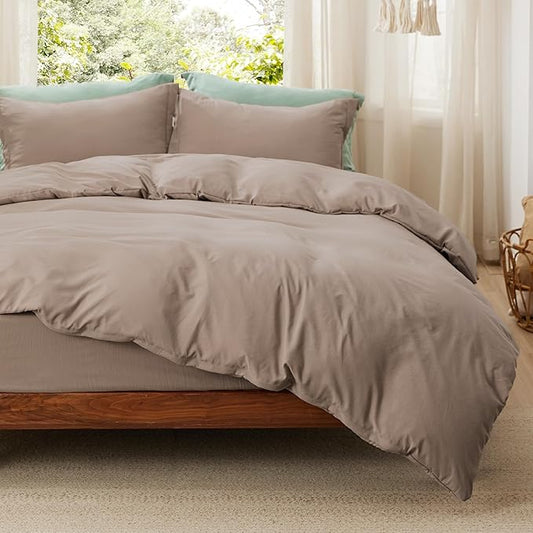 Bedsure California King Size Duvet Cover with Fitted Sheet - 4 Pieces Prewashed Cotton-Like Polyester Extra Soft Bedding Set, Includes 1 Duvet Cover 104''x98'', 2 Pillow Shams, 1 Fitted Sheet, Khaki