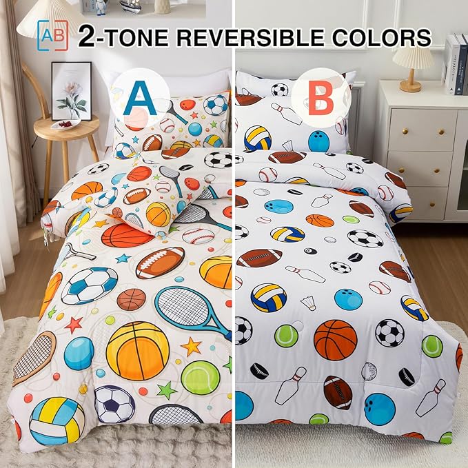 A Nice Night 6Pcs Full Comforter Set for Boys, Sports Theme Bedding with Curling, Baseball & Basketball Design, Soft Athletic Kids Bedroom Decorr(Yellow)