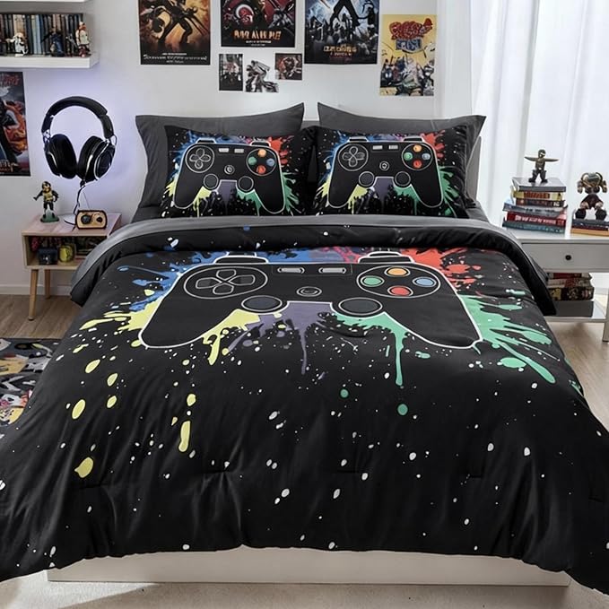 Twin Comforter Set for Boys, Kids - 5 Pieces Black Gamer Patterns Twin Bedding Sets for Boys Teen, Soft Cozy Bed in A Bag with Sheets