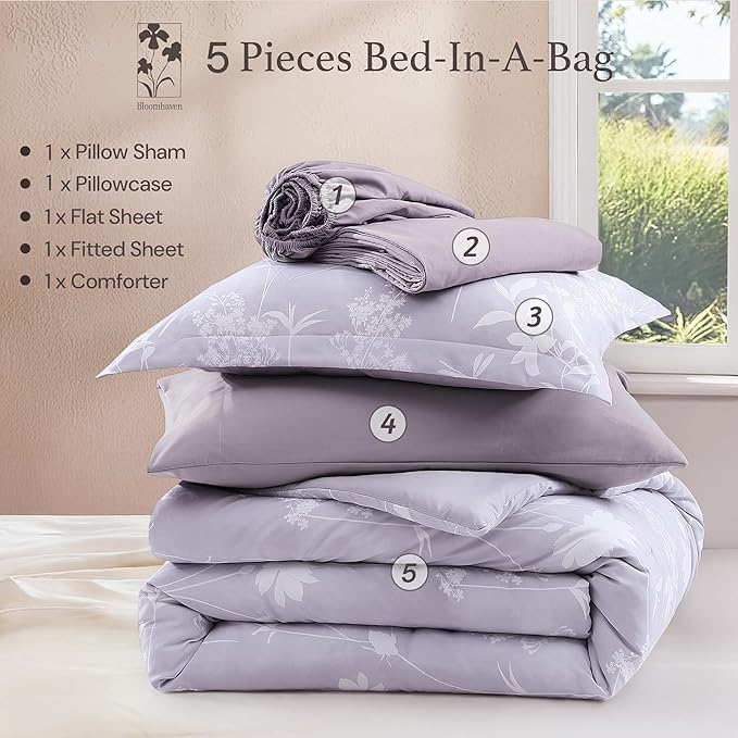 Twin XL Comforter Set -5 Pieces Floral Lavender Purple Bedding Set for All Seasons, Bed in a Bag with Botanical Flowers Comforter, Sheets, Pillowcase & Sham