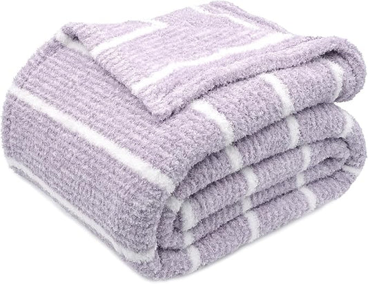 DEZ FURNISHINGS Oversized Cozy Knit Look Cloud-Soft Plush Printed Fleece Throw Blanket, Lightweight & Breathable, Queen (90" x 90"), Gray Purple Stripe