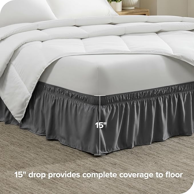 Bare Home Wrap Around Bed Skirt - for Twin XL Size Beds with 15 inch Tailored Drop - Easy Fit Elastic Strap - Adjustable and Ruffled Style - Wrinkle, Fade, and Stain Free (Twin XL, Grey)
