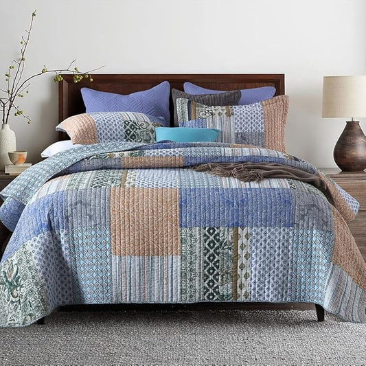 Autumn Dream Cotton Bedspread Quilt Sets Reversible Bedding Coverlet Sets Comforter, Vintage Floral Paisley Patchwork Bohemian Blue Bedspread, King Size | Breathable material, Reversible, Handmade patchwork, Soft durable, Jacquard stitching, Machine wa...
