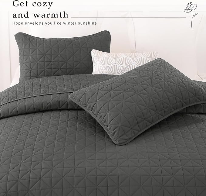 Exclusivo Mezcla Quilts Queen Size Bedding Set with Stitched Grid Pattern, Lightweight Summer Grey Bedspreads Coverlets Bed Cover for All Seasons (1 Quilt and 2 Pillow Shams)