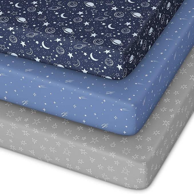 Pack and Play Sheets Fitted 3 Pack, Mini Crib Sheets for Pack N Play Mattress Stretchy Portable Playard Sheets, Soft Breathable Blue Gray Planet