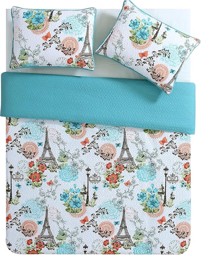 VCNY Home Blue Quilt for Queen Bed - 3-Piece Full or Queen Comforter Alternative, Bedspread Coverlet with Shams (Eiffel Paris Decor)