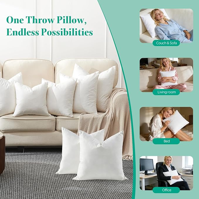 APSMILE Down Feather Throw Pillow Inserts, 18x18 Pillows Set of 2 with Organic Cotton Cover, Soft Square Decorative Pillows for Couch Living Room, Sofa, and Bed（White）