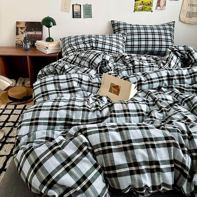 mixinni Vintage Grey & Pale Blue Buffalo Plaid Duvet Cover Set Queen Size - 3 Piece Washed Cotton Bedding Set with Grid Pattern, Soft & Breathable Duvet Cover with Pillowcases for Boys, Men& Women