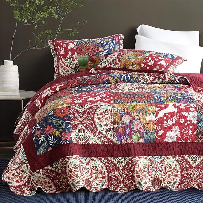 ENASAL Cotton Bedspread Quilt Sets Reversible Bedding Coverlet Sets Comforters Vintage Luxury Damask Floral Real Patchwork Burgundy Bedspread,King Size | Breathable material, Cotton soft durable, Reversible, Jacquard stitching, Machine waschable