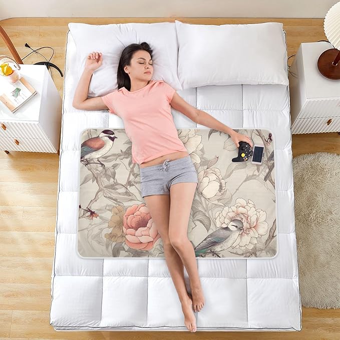 Waterproof Bed Pad Reusable Changing Pad Toddler Mattress Protector Large Pee Pad Baby Diaper Pad Soft Washable Liner White Peony Bird