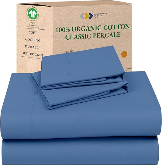 California Design Den Soft 100% Organic Cotton Sheets Queen Size Bed Set - Crisp and Cool Percale, Deep Pocket Organic Sheets with Anti-Skid Elastic, Breathable and Durable Bedding Set - Riviera Blue