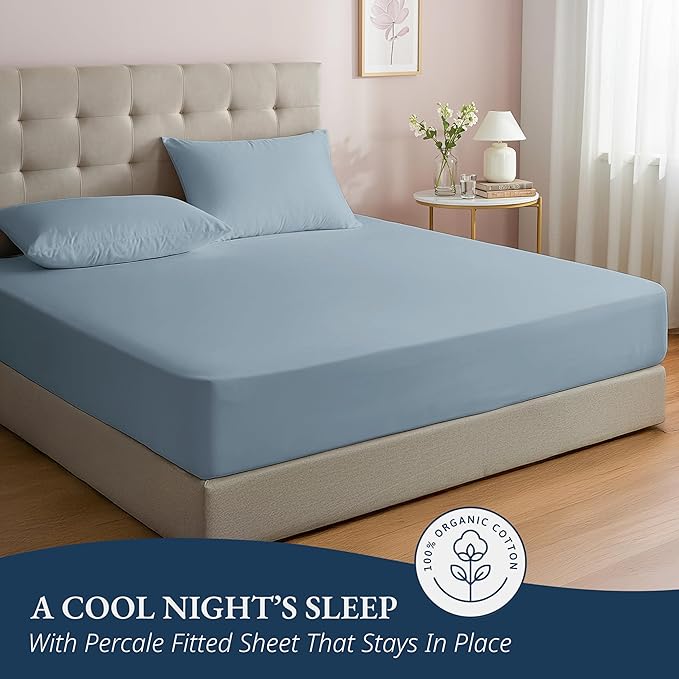 LANE LINEN Fitted Sheet King Size - 100% Organic Cotton, 3-Piece Set (1 Fitted Sheet,2 Pillowcases), Percale Weave, Ultra Soft, Breathable,Fits Mattress Upto 15" Deep -French Blue (No Flat Sheet)