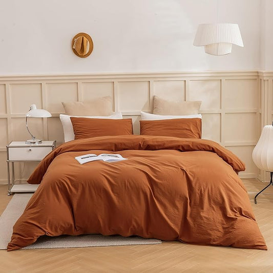 ECOCOTT Brown Duvet Cover King Size, 3 Piece 100% Washed Cotton 1 Duvet Cover with Zipper and 2 Pillowcases, Ultra Soft and Easy Care Breathable Cozy Bedding Set (Brown,King)