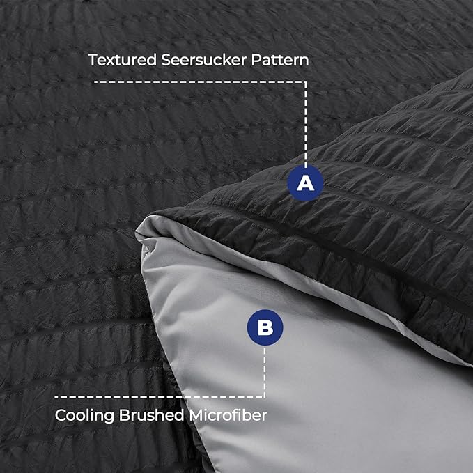 HYMOKEGE Black/Light Grey Duvet Cover Full Size, Ultra Soft 3-Piece Seersucker Duvet Cover Set with Zipper Closure, Soft Brushed Microfiber Bedding Set with 8 Corner Ties (80"x90", 2 Pillowshams)