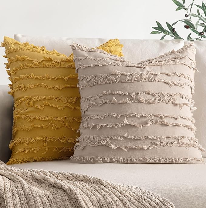 MIULEE Set of 2 Decorative Boho Throw Pillow Covers Spring Linen Striped Jacquard Pattern Cushion Covers for Sofa Couch Living Room Bedroom 16x16 Inch Beige