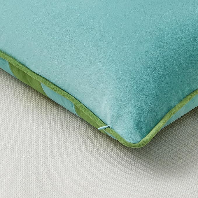 MONDAY MOOSE Decorative Throw Pillow Covers Cushion Cases, Set of 2 Soft Velvet Striped Piping Edge Designs, Pillow Inserts Not Included (16x16 inch, Light Green/Light Blue)