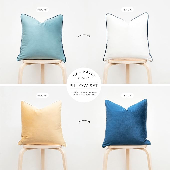 MONDAY MOOSE Decorative Throw Pillow Covers Cushion Cases, Set of 2 Soft Velvet Modern Double-Sided Designs, Mix and Match for Home Decor, Pillow Inserts Not Included (20x20 inch, Blue/Beige)