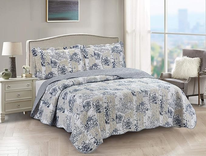 Brilliant Sunshine Blue Toile in Beige and Ivory Patches, 3-Piece Quilt Set with 2 Shams, Reversible Bedspread, Soft Lightweight Coverlet, All-Season, King, Blue