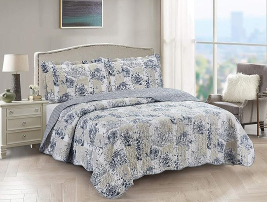 Brilliant Sunshine Blue Toile in Beige and Ivory Patches, 3-Piece Quilt Set with 2 Shams, Reversible Bedspread, Soft Lightweight Coverlet, All-Season, King, Blue