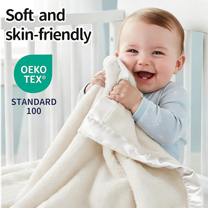 Pro Goleem Fleece Baby Blanket with 2 Inch Satin Trim Soft Anti-Static Plush Blanket for Boys and Girls Christmas Baby Gifts for Babies 30''x40''，White
