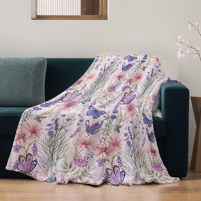 Butterfly Blanket Lightweight Blankets Gifts for Women Flannel Throw with Colorful Floral and Purple Butterflies Printed for Sofa, Bed, Travel, Camping, Office, Rustic Decor Throws 80x60 Inch