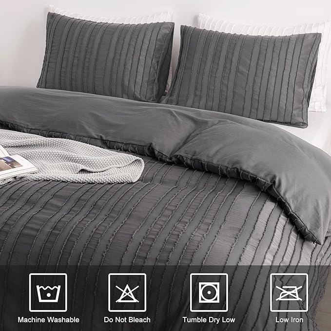 WARMDERN Gray Boho Duvet Cover Set Queen Size, Striped Textured Duvet Cover Tufted Bedding Set, 3 Pcs Ultra Soft Washed Microfiber Duvet Cover with Zipper Closure (Queen, Gray)