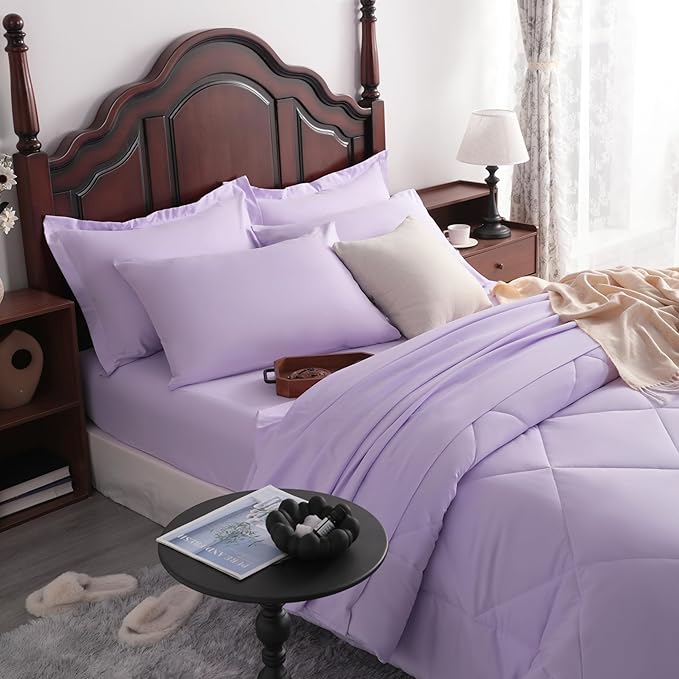 NTBAY King Comforter Set with Sheets, 7 Pieces Soft and Breathable King Bedding Set, Bed in a Bag, Down Alternative Comforter Set Solid Color All Season, Light Purple