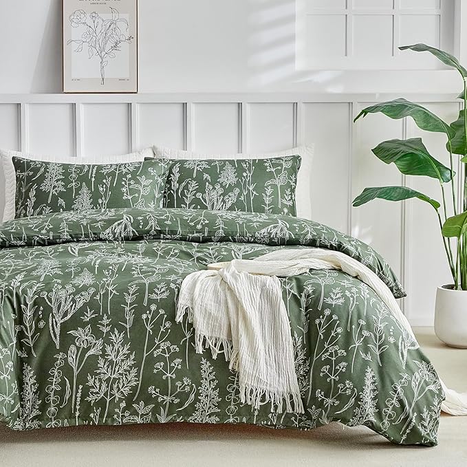 Lekesky Floral Duvet Cover Queen Size, Army Green Queen Duvet Cover with Plant Flowers Pattern,Soft Microfiber Breathable Bedding Set with Zipper & Corner Ties for All Season