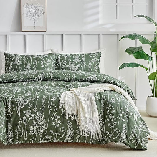 Lekesky Floral Duvet Cover Queen Size, Army Green Queen Duvet Cover with Plant Flowers Pattern,Soft Microfiber Breathable Bedding Set with Zipper & Corner Ties for All Season