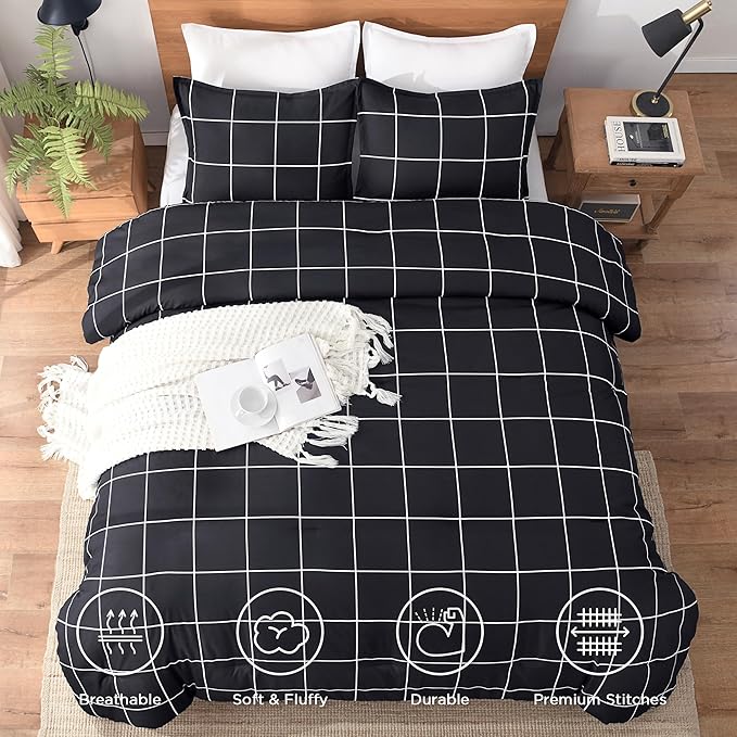 Andency Black Grid Comforter Set Twin(66x90Inch), 2 Pieces (1 Plaid Comforter and 1 Pillowcase) Black Plaid Comforter Set, Lightweight Microfiber Gingham Geometric Comforter Bedding Set